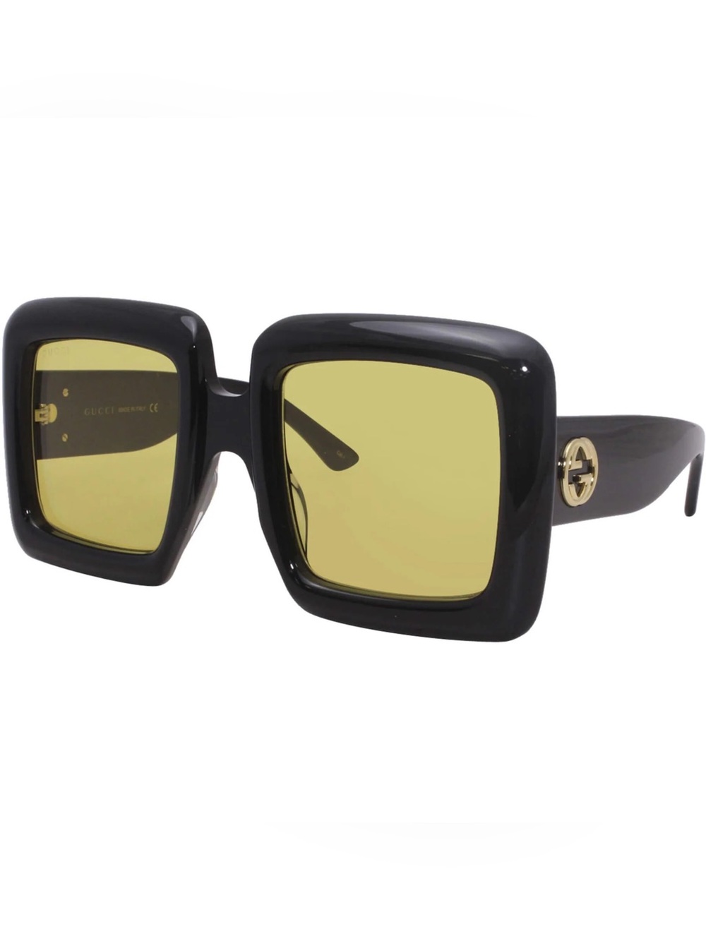 oversize Gucci Black Square Sunglasses with Yellow Lenses and Gold Logo